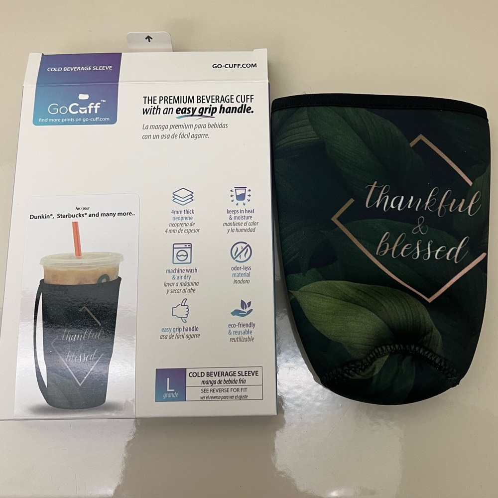 GoCuff Large Cold Beverage Sleeve “Thankfully & Blessed” Easy Grip Handle NIP